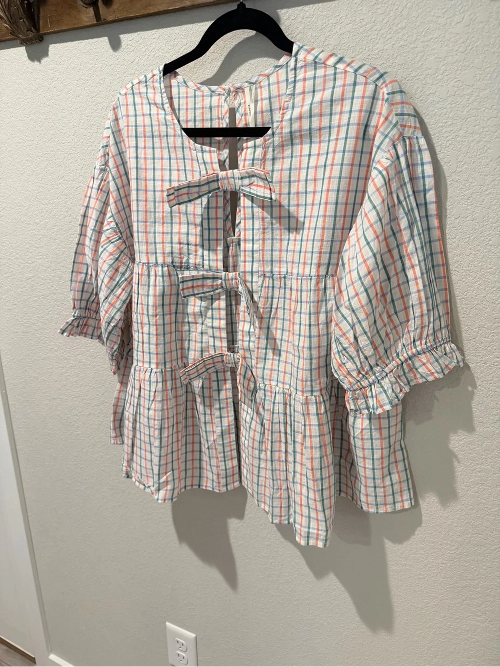 NWT Anthropologie White Plaid Tie-Back Peplum Blouse